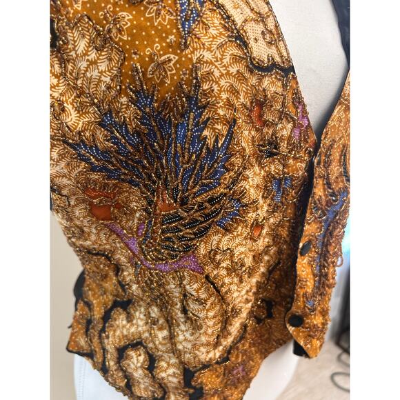 Vintage Batik Beaded Vest | Brown & Multicolor | Handmade Detailing | Size S - Picture 2 of 8